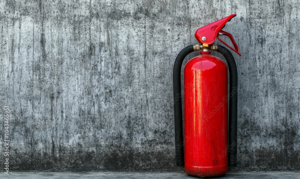 Red fire extinguisher against a gray wall. Red fire extinguisher against a gray wall.