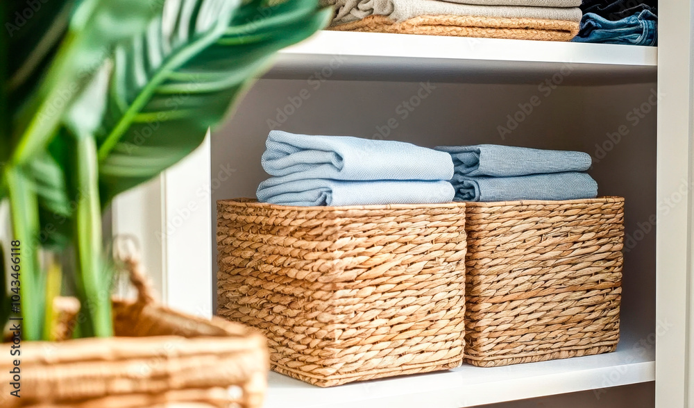 Obraz premium Organized wardrobe storage in closet with wicker baskets, neatly folded clothes, Concept of order, eco-friendly storage, neat organization, decluttering..