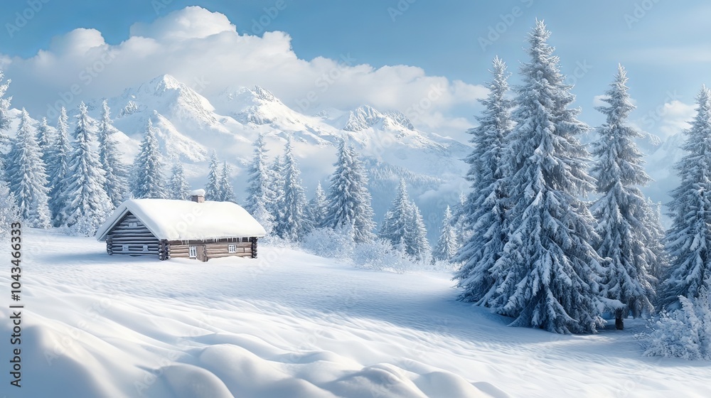 Obraz premium A peaceful winter scene with snow-covered trees and a cozy cabin, embodying warmth and comfort during the cold season.