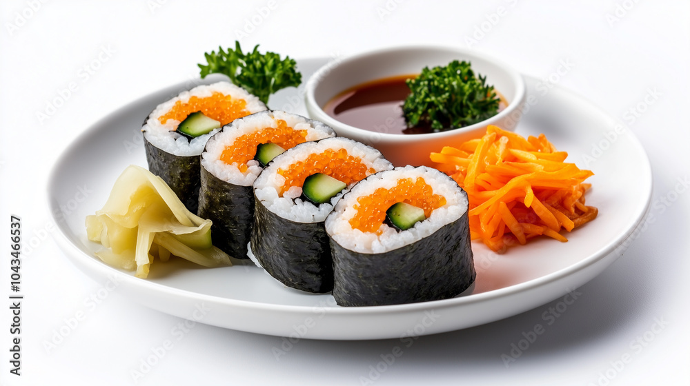 Delicious sushi rolls featuring fresh cucumber and vibrant orange roe, served with pickled ginger, wasabi, and soy sauce. Delicious sushi rolls featuring fresh cucumber and vibrant orange roe, served with pickled ginger, wasabi, and soy sauce.