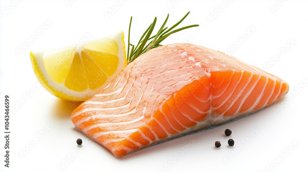 Fresh salmon fillet with slice of lemon and sprigs of rosemary, showcasing vibrant colors and textures, perfect for culinary presentations. Fresh salmon fillet with slice of lemon and sprigs of rosemary, showcasing vibrant colors and textures, perfect for culinary presentations.