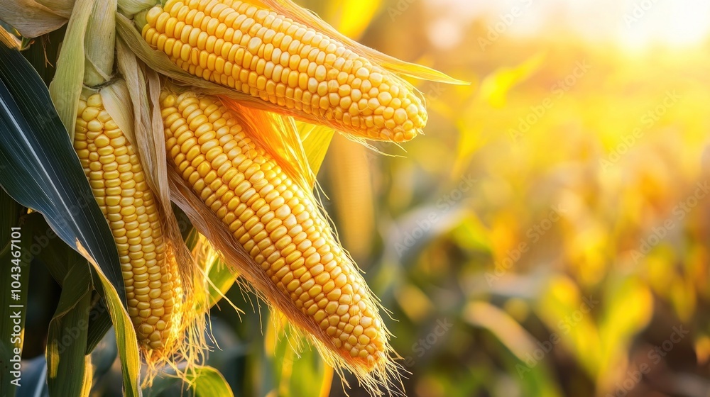 Close-up of ripe corn on the cob in a sunlit field, showcasing agricultural abundance. Close-up of ripe corn on the cob in a sunlit field, showcasing agricultural abundance.