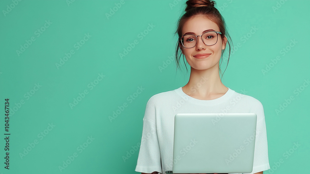 Smiling young woman with glasses holding a laptop against a vibrant teal background, exuding confidence, professionalism, and modern, tech-savvy energy. Smiling young woman with glasses holding a laptop against a vibrant teal background, exuding confidence, professionalism, and modern, tech-savvy energy.