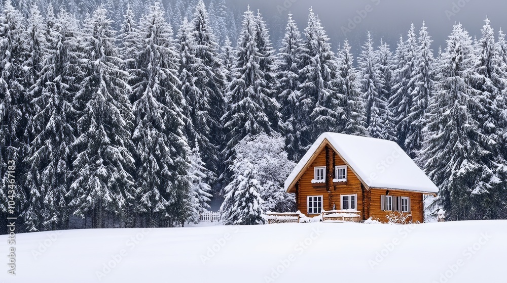 A peaceful winter scene with snow-covered trees and a cozy cabin, embodying warmth and comfort during the cold season. A peaceful winter scene with snow-covered trees and a cozy cabin, embodying warmth and comfort during the cold season.