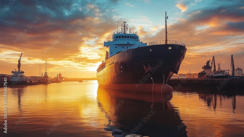 A large ship docked at sunset, reflecting on the water with cranes in the background. A large ship docked at sunset, reflecting on the water with cranes in the background.