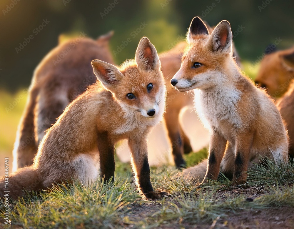 A pair of cute little red fox kits standing in a field outside their burrow