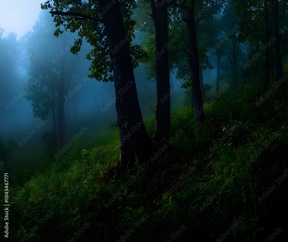 Obraz premium Mysterious foggy forest at dawn.