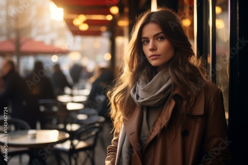 Portrait of a young beautiful woman in a beige coat on a background of a street cafe.