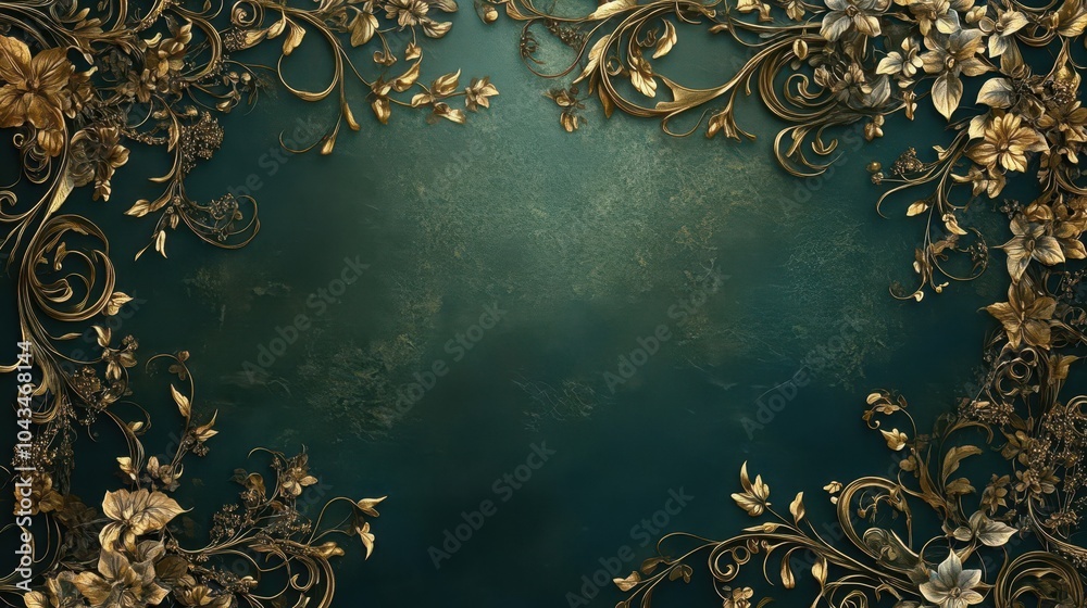 Intricate Baroque wallpaper with swirling vines and rich gold and emerald tones Intricate Baroque wallpaper with swirling vines and rich gold and emerald tones