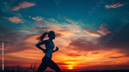 Woman jogging against a vibrant sunset backdrop in a serene outdoor setting during early evening hours