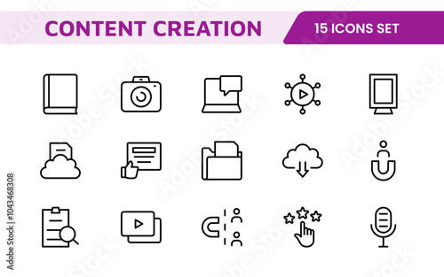 Content Creation Icon Set. Creative and versatile icons for bloggers, vloggers, and digital creators, perfect for enhancing editing tools, social media apps, and multimedia projects.