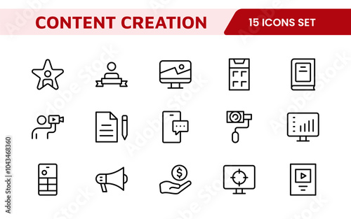 Content Creation Icon Set. Creative and versatile icons for bloggers, vloggers, and digital creators, perfect for enhancing editing tools, social media apps, and multimedia projects.