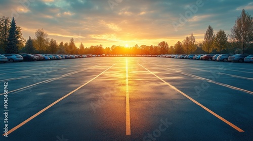 A large empty parking lot at sunrise, with rows of parked cars lining the edges and the sun shining through the clouds.