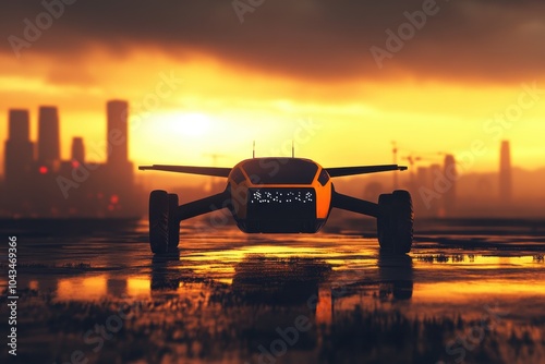 Drone ready for takeoff at city sunset	