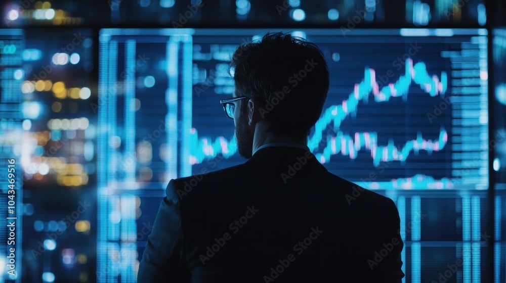 A person in a suit analyzes financial data on a digital screen in a modern office. A person in a suit analyzes financial data on a digital screen in a modern office.