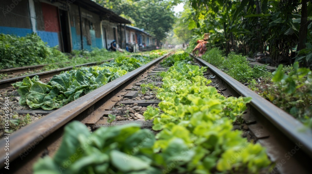 Fototapeta premium Lush greens growing alongside railway tracks in a vibrant urban environment.