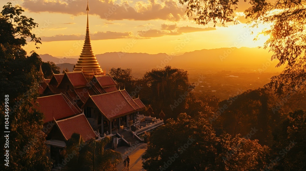 Serene Sunset Over Temple Amidst Lush Landscape Serene Sunset Over Temple Amidst Lush Landscape