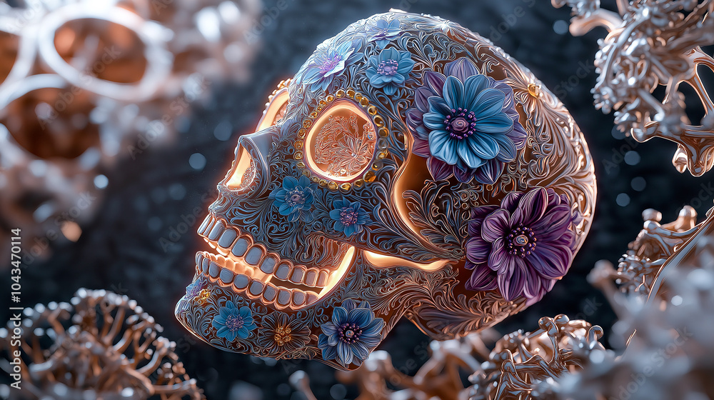 glowing sugar skull adorned with vibrant blue and purple flowers, set against dark, intricate background. This artistic piece captures essence of celebration and remembrance glowing sugar skull adorned with vibrant blue and purple flowers, set against dark, intricate background. This artistic piece captures essence of celebration and remembrance