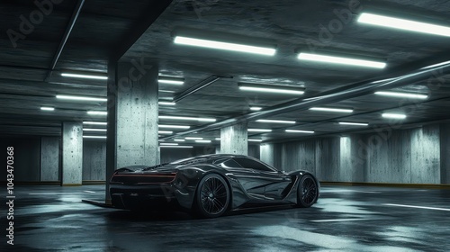 Silver and black sport car in underground parking lights casting shadows on sleek surface