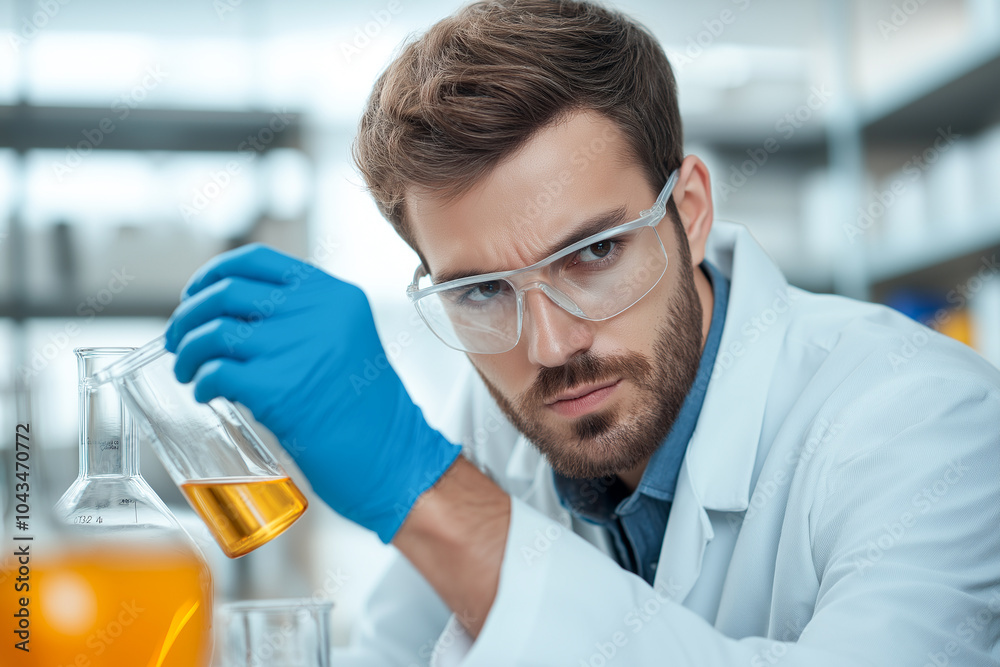 Scientist in lab coat analyzing biofuel samples with precision and focus. laboratory setting is filled with various glassware and colorful liquids, showcasing dedicated research environment Scientist in lab coat analyzing biofuel samples with precision and focus. laboratory setting is filled with various glassware and colorful liquids, showcasing dedicated research environment