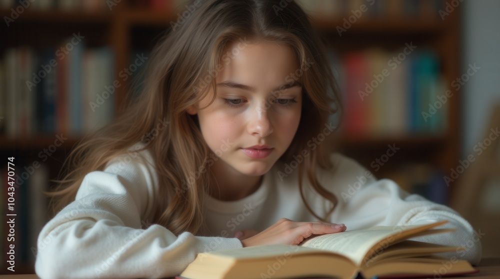 Close up of a girl reading a book pretty young woman learning with book