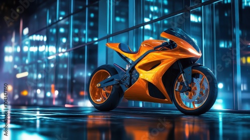 Orange sport bike parked in front of glass building reflecting city lights at night photo