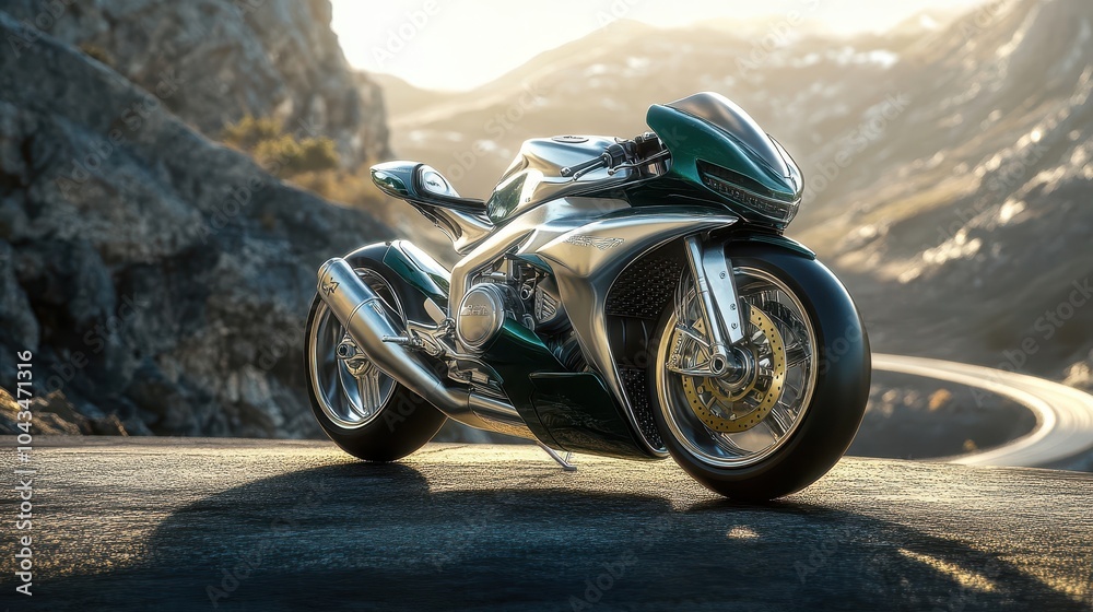 Silver and green motorcycle on mountain road soft light casting shadows on rugged background Silver and green motorcycle on mountain road soft light casting shadows on rugged background
