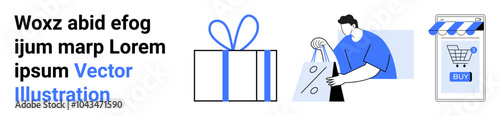 A gift box, a person holding a shopping bag, and a mobile device with a shopping cart highlighted. Ideal for e-commerce, online shopping, gift giving, mobile commerce, and retail. Banner for landing
