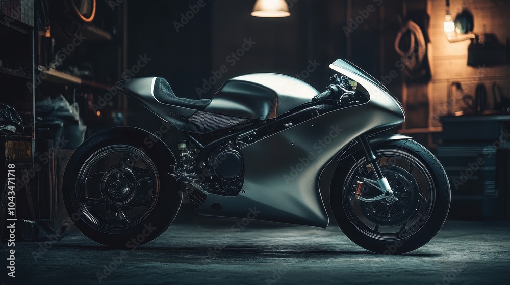 Fototapeta premium Matte silver bike in a dark garage lights highlighting its sleek body