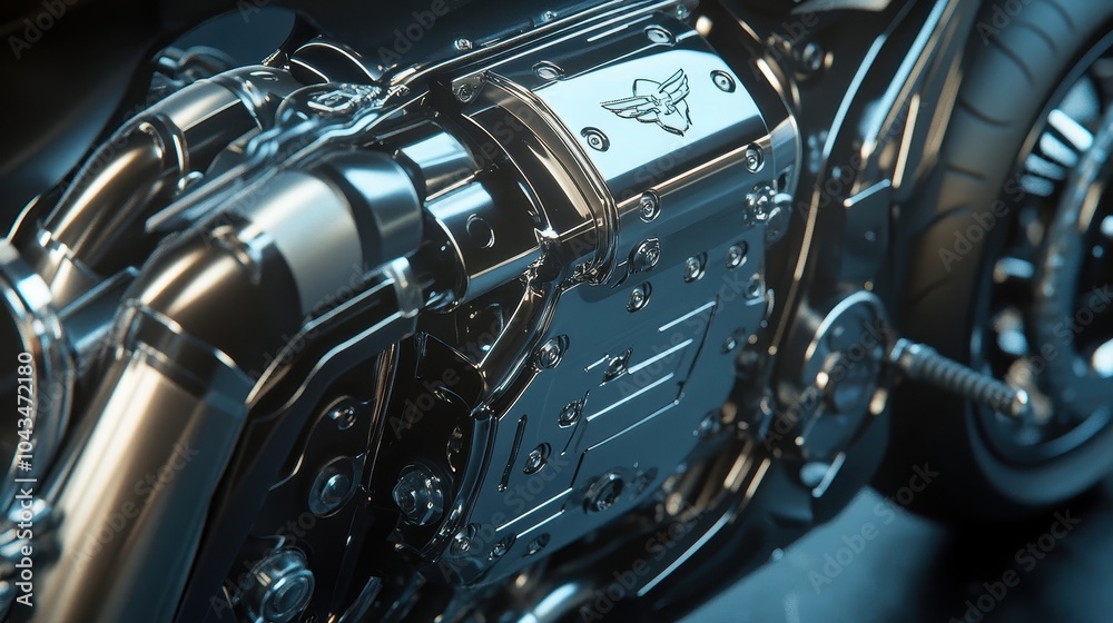 Close-up of engine casing bolts and rivets visible brand logo subtly engraved Close-up of engine casing bolts and rivets visible brand logo subtly engraved