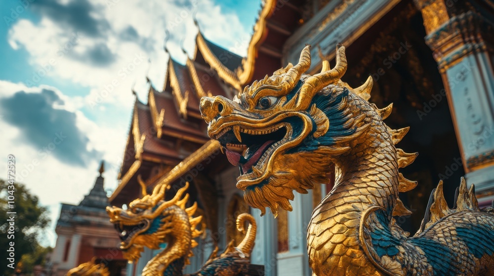 Golden Dragon Statues at Thai Temple Under Blue Sky Golden Dragon Statues at Thai Temple Under Blue Sky