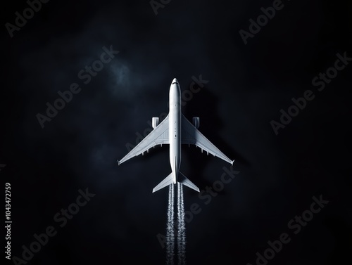 Airplane flying through dark clouds 