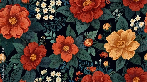 Floral Pattern with Red and Yellow Blooms