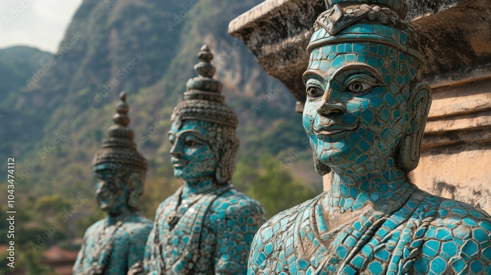Fototapeta premium Serene Blue Statues in Mountainous Landscape