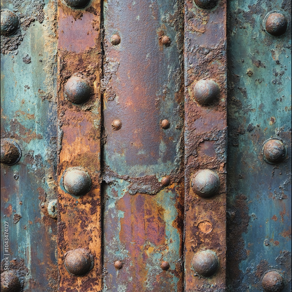 Rusty metal texture with riveted panels, showcasing weathered surface and patina. Rusty metal texture with riveted panels, showcasing weathered surface and patina.