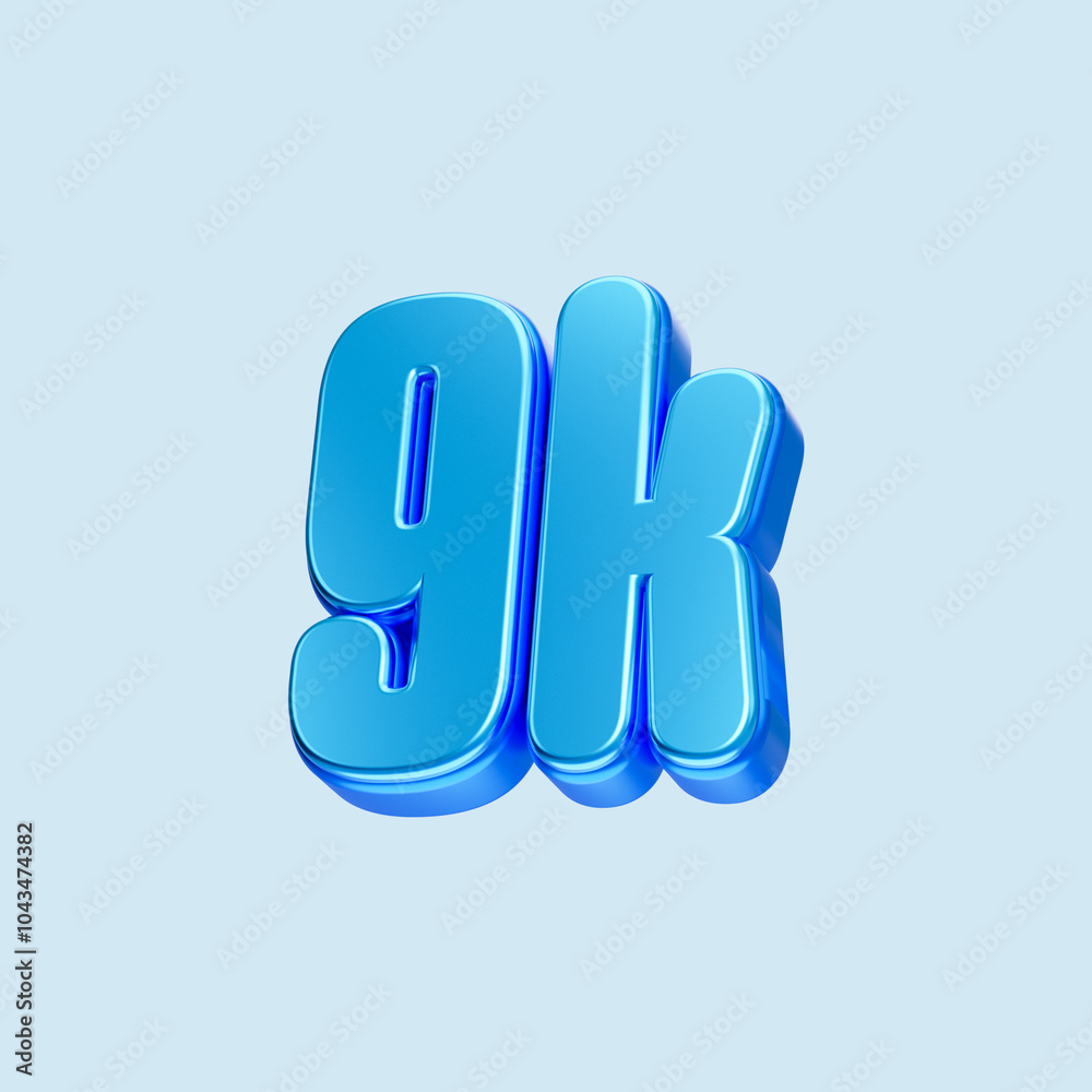 Fototapeta premium Blue metallic number. 9K Bright blue 3D Render. Isolated on white background.