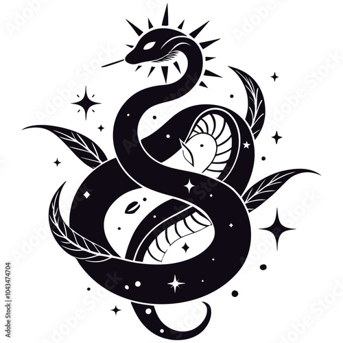 black snake with mystical magic objects moon and stars Spiritual occultism symbols