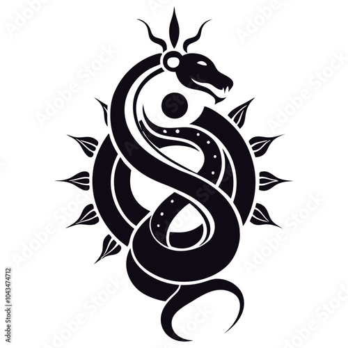 black snake with mystical magic objects moon and stars Spiritual occultism symbols