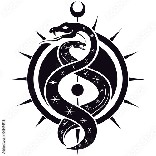 black snake with mystical magic objects moon and stars Spiritual occultism symbols