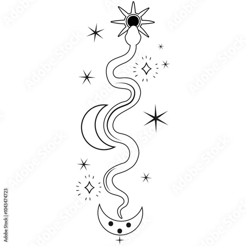 black snake with mystical magic objects moon and stars Spiritual occultism symbols