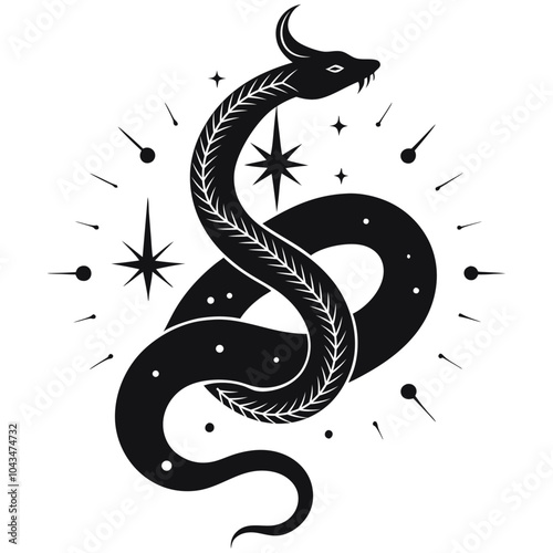 black snake with mystical magic objects moon and stars Spiritual occultism symbols