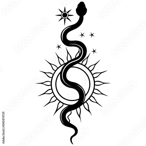 black snake with mystical magic objects moon and stars Spiritual occultism symbols