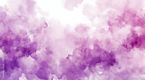 Abstract watercolor background with purple and white clouds.