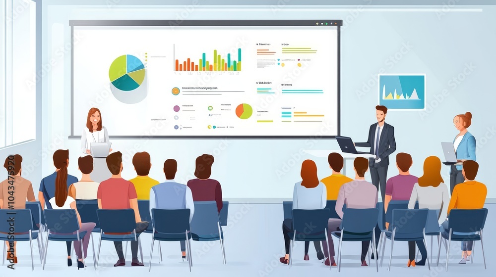 A professional presentation in a modern office setting, showcasing data visualization with charts and graphs to engage the audience. A professional presentation in a modern office setting, showcasing data visualization with charts and graphs to engage the audience.