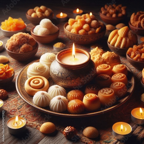 A beautiful spread of traditional Indian sweets arranged on decorative plates around a small glowing candle. Delicacies include round, white sweets, golden crispy treats, and rich, flaky pastries. ai