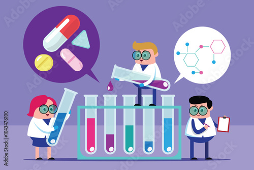 Obraz na płótnie emotion cute vector, illustration flat cartoon character man and woman scientists doctor engineering medicine in laboratory research new drugs in chemistry concept. w salonie