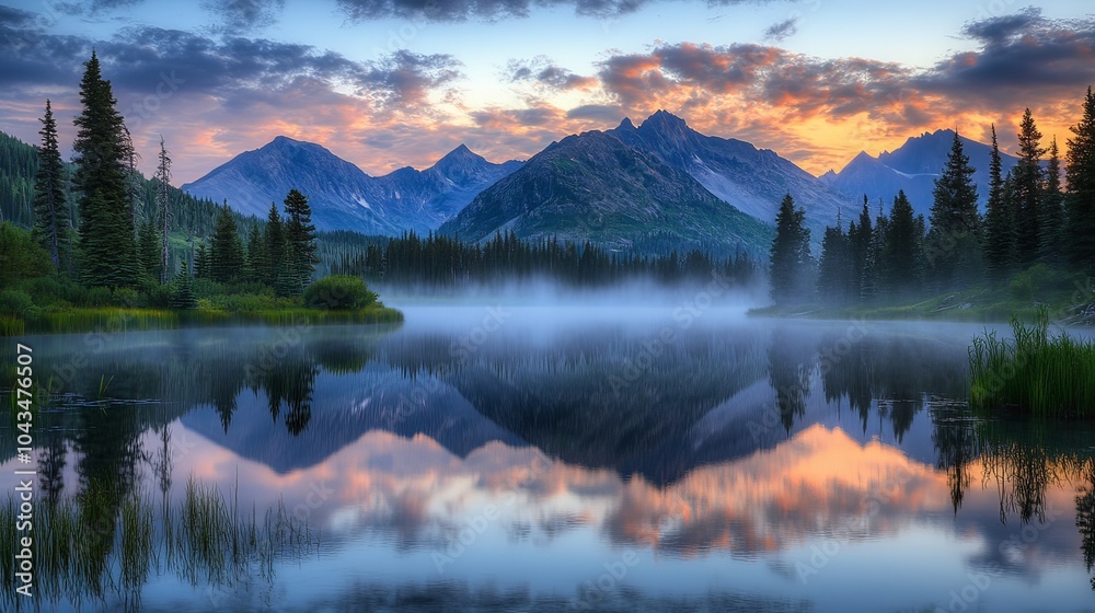 A serene mountain landscape at sunrise, with mist rolling over the peaks and a calm lake reflecting the colors of dawn A serene mountain landscape at sunrise, with mist rolling over the peaks and a calm lake reflecting the colors of dawn