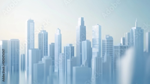 A serene skyline view showcasing modern skyscrapers in soft, muted tones against a tranquil backdrop.