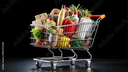 Overflowing shopping cart for Black Friday in a bustling mood filled with products against a Black background. photo