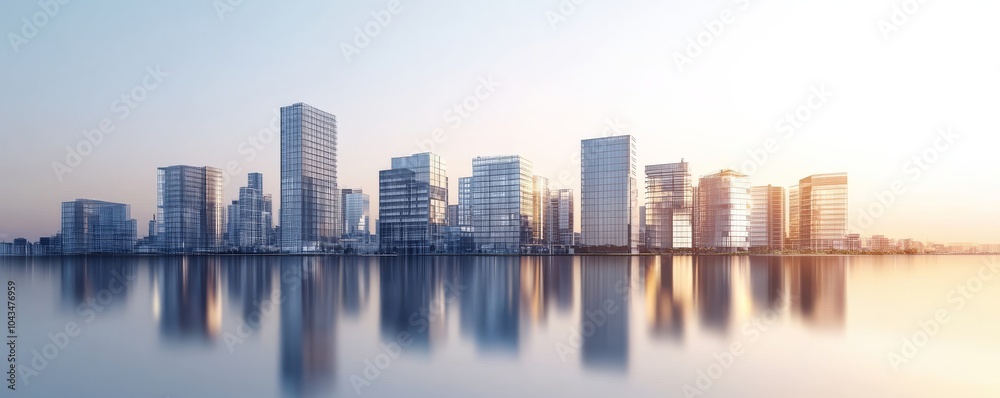 Obraz premium A stunning modern skyline reflecting on a serene body of water at sunrise, capturing the beauty of urban architecture.